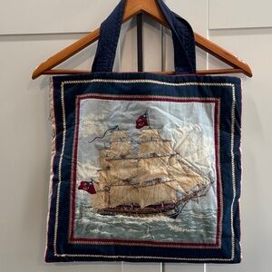 Nautical Ship Print Tote Bag in Navy and Cream